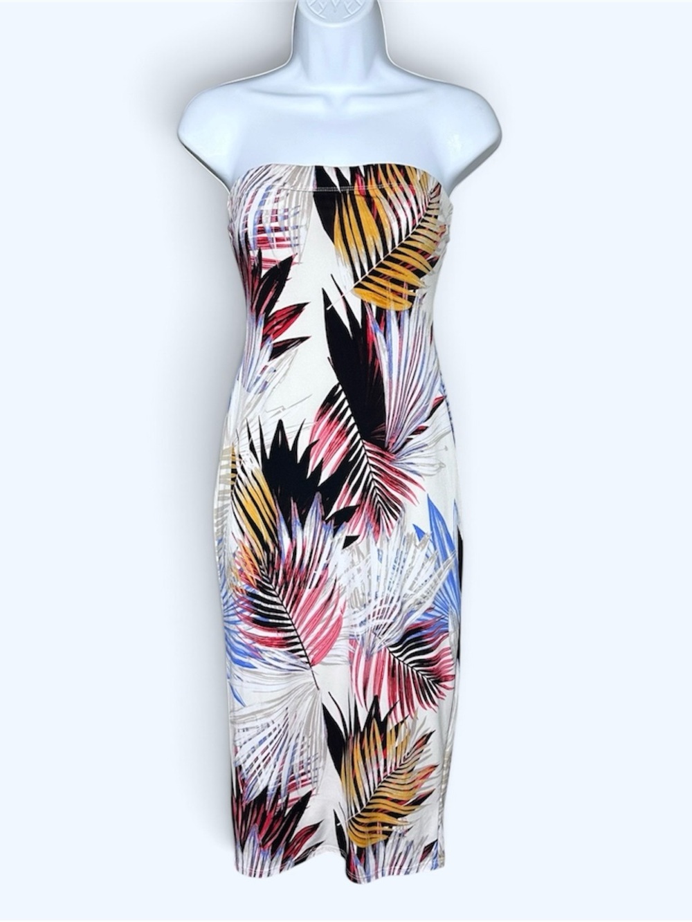 Fashion Nova Strapless Tropical Palm Print Bodycon Midi Dress Size Large